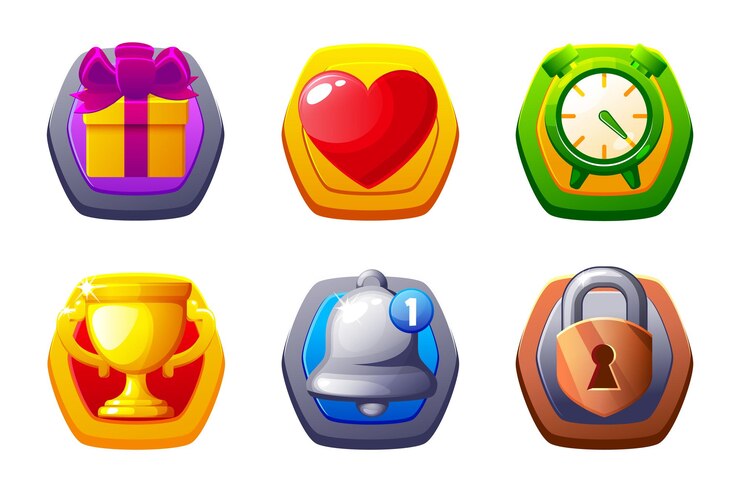 Vector set de iconos de la interfaz de usuario tiempo corazón castillo regalo bonificación y mensaje