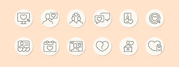 Set de iconos de línea de citas de sitio Relaciones, chat, comunicación, correspondencia, corazón, día de San Valentín, fondo de color pastel, icono de línea vectorial para negocios y publicidad