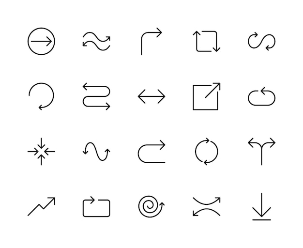 Set de iconos lineales vectoriales relacionados con flechas Contiene iconos como el puntero, el cursor, la dirección, el movimiento, la navegación y más