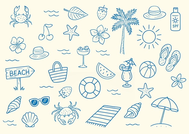 Set de iconos de líneas azules dibujados a mano para las vacaciones de verano en la playa