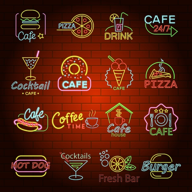 Set de iconos de muestra de la tienda de brillo de neón de comida rápida.