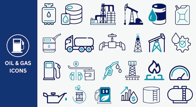 Set de iconos de petróleo y gas Icones de refinería de combustible de la plataforma en alta mar de la bomba de gas del barril de petróleo del pozo de petróleo