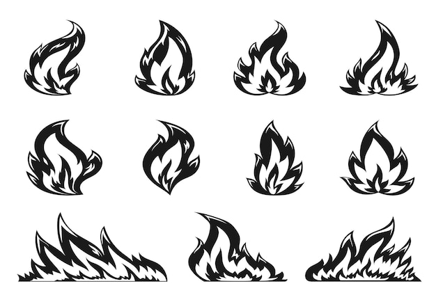 Set de iconos planos de fogatas de dibujos animados llama caliente sobre fondo blanco llamas de calor ardiente fuego silvestre y hoguera quemar poder siluetas negras varias formas de fuego ardiente emoticon estampilla