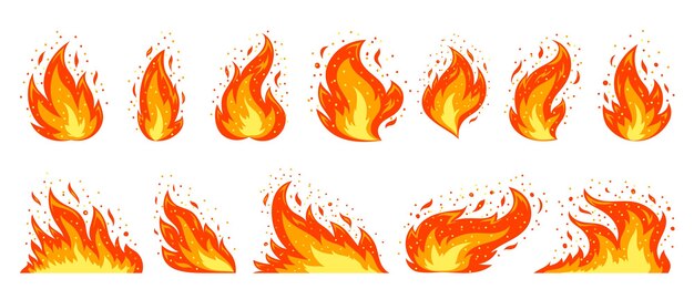 Set de iconos planos de fuego Símbolo de advertencia de peligro de llama Diferentes formas de fuego de campamento naranja abstracto Llama de fuego con chispas aisladas en fondo blanco Fuego rojo caliente Fuego en llamas Fuel power energy clipart