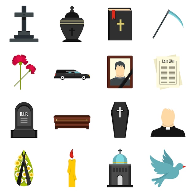 Vector set de iconos planos funerarios