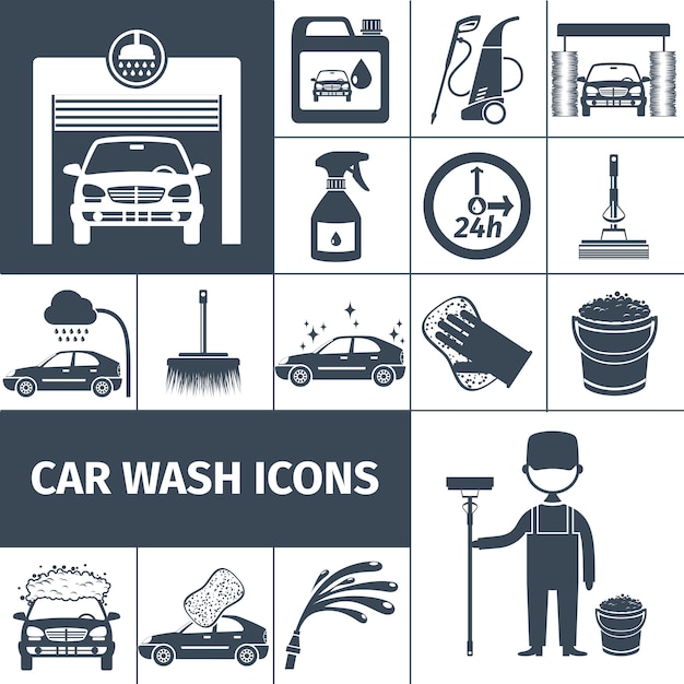 Set de iconos de servicio de lavado de coches negro