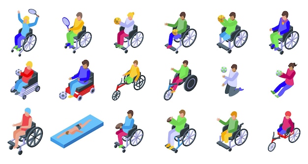 Set de íconos de sillas de ruedas de atletas Atletas con discapacidades disfrutando de varios deportes y demostrando sus habilidades