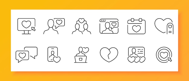 Vector set de iconos de sitios de citas monitorear corazón frente relación fecha correspondencia charla icono negro en un fondo blanco icono de línea vectorial para negocios y publicidad