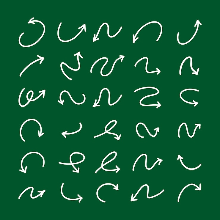 Vector set de iconos vectoriales de flechas dibujadas a mano flechas a mano libre doodle punteros de dirección garabateos y arañazos
