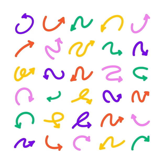 Set de iconos vectoriales de flechas dibujadas a mano flechas a mano libre Doodle punteros de dirección garabateos y arañazos