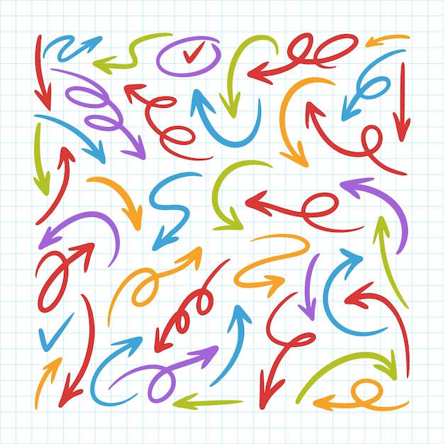 Set de iconos vectoriales de flechas dibujadas a mano flechas a mano libre Doodle punteros de dirección garabateos y arañazos