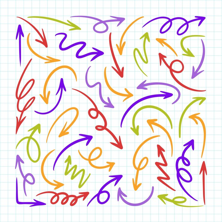 Vector set de iconos vectoriales de flechas dibujadas a mano flechas a mano libre doodle punteros de dirección garabateos y arañazos