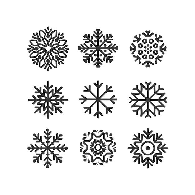 Set de ilustraciones de arte vectorial de copos de nieve de invierno en blanco y negro