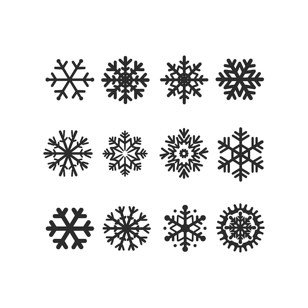 Set de ilustraciones de arte vectorial de copos de nieve de invierno en blanco y negro