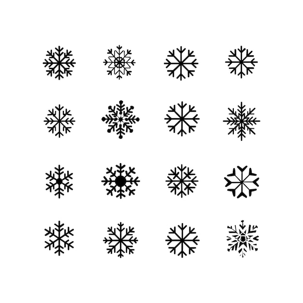 Set de ilustraciones de arte vectorial de copos de nieve de invierno en blanco y negro