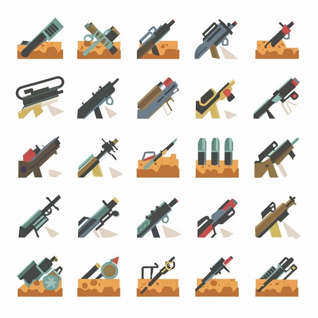 Vector set de ilustraciones de diferentes tipos de armas militares
