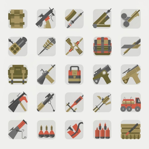 Vector set de ilustraciones de diferentes tipos de armas militares