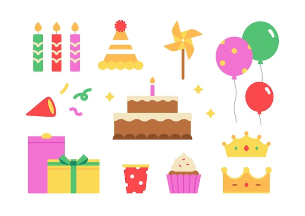 Set de ilustraciones de elementos decorativos para la fiesta de cumpleaños Empaque vectorial de elementos coloridos para el cumpleaños