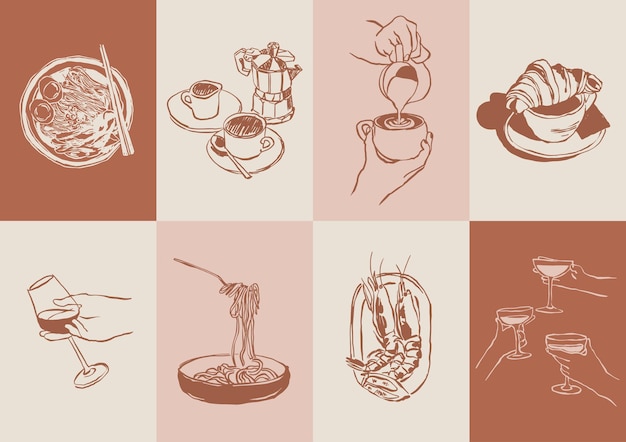 Set de ilustraciones vectoriales minimalistas de alimentos y bebidas dibujadas a mano para carteles impresos o galerías de arte de pared