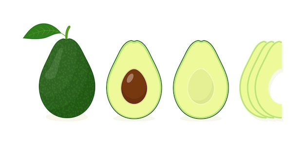 Set de ilustraciones vectoriales de la mitad entera y las rebanadas de aguacate