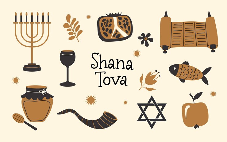 Vector set de ilustraciones vectoriales de rosh hashanah colección shana tova para el año nuevo judío mel de manzana