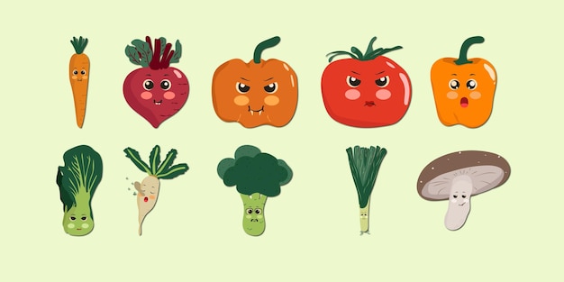 Set de ilustraciones de verduras con caras bonitas