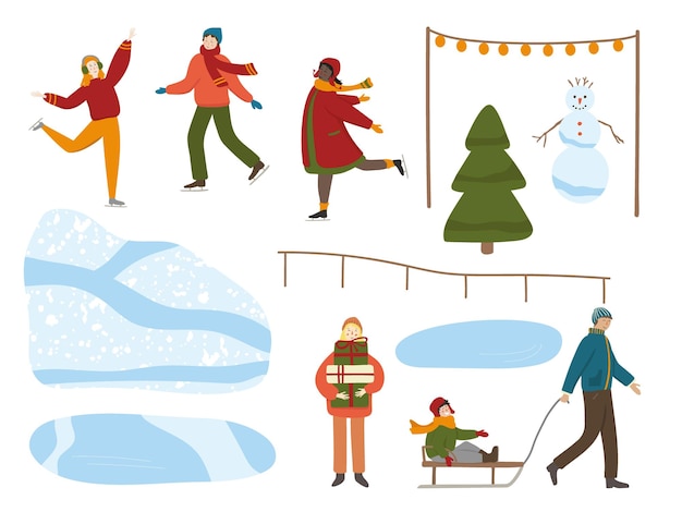 Set de invierno con patinaje sobre hielo personas y elementos del paisaje ilustración vectorial hombres y mujeres felices