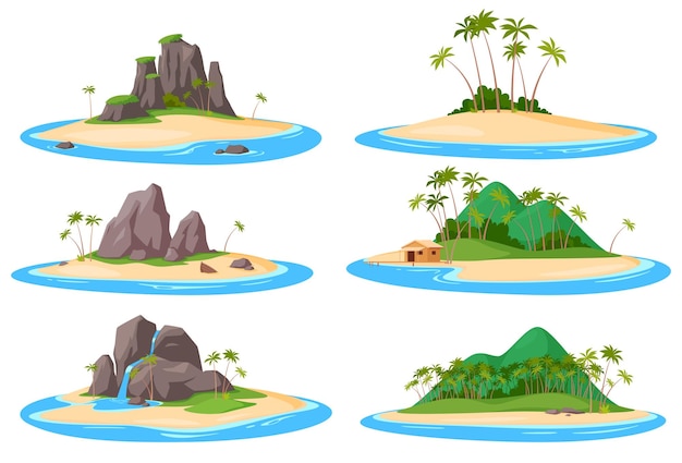 Set Isla tropical en el mar del océano Paisaje natural exótico Vacaciones de verano Ilustración vectorial