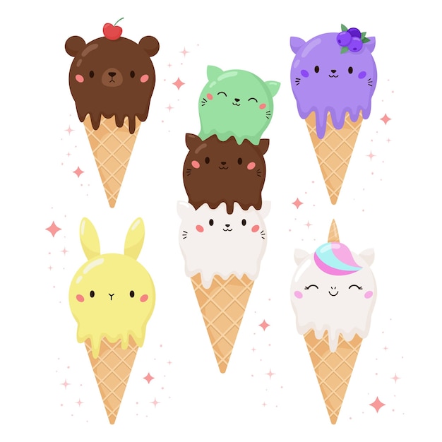 Set kawaii de helado con forma de animal