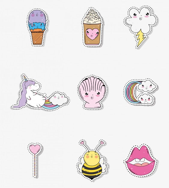 Set kawaii shell con helado y nubes arco iris con unicornio