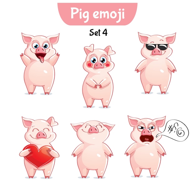 Set kit colección pegatina emoji emoticon emoción vector ilustración aislada carácter feliz dulce, lindo cerdo