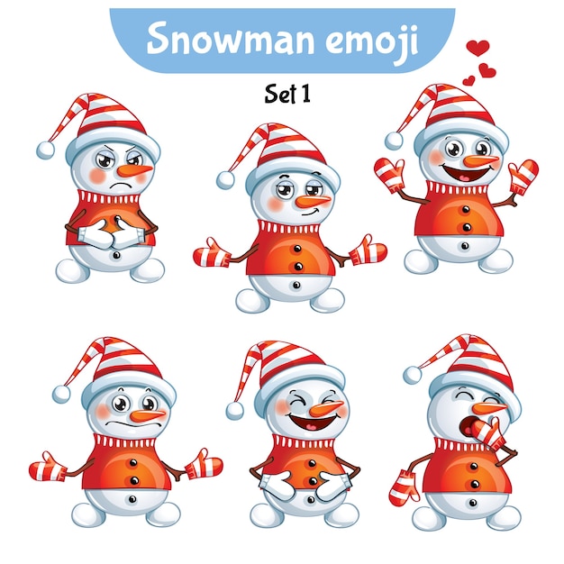 Vector set kit colección pegatina emoji emoticon emoción vector ilustración aislada personaje feliz dulce, lindo muñeco de nieve