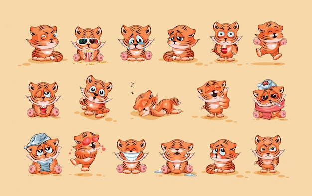 Set kit colección Vector Stock ilustraciones aisladas Emoji personaje de dibujos animados Emoticones de etiqueta engomada de cachorro de tigre con diferentes emociones