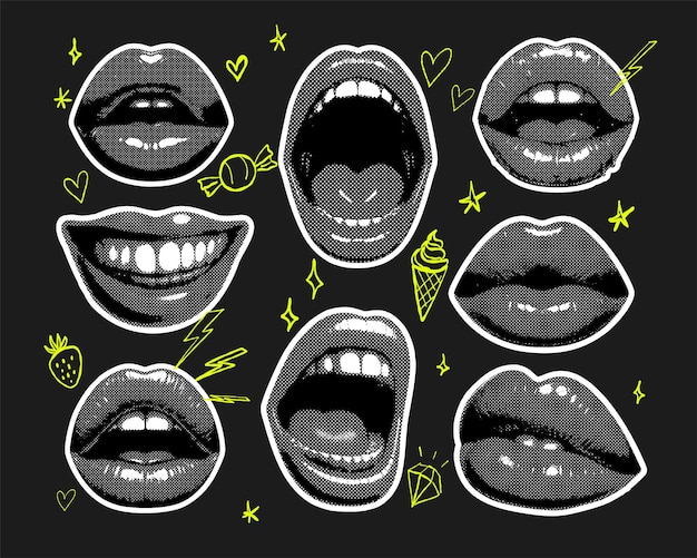 Set de labios o bocas de medio tono Elementos de decoración grunge de Doodle