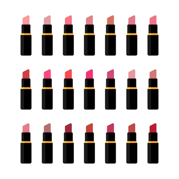 Set de lápices labiales con diferentes colores. Vector ilustración plana. Paleta de pintalabios mate