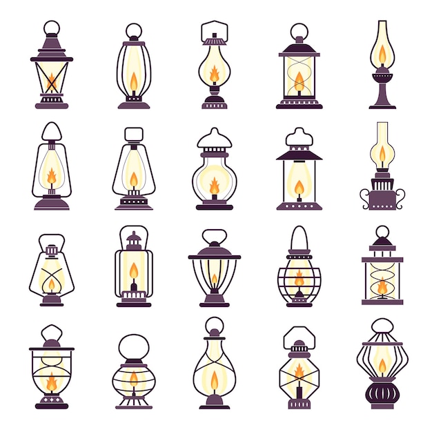 Set de linternas Queroseno vintage artículos de iluminación de estilo antiguo siluetas estilizadas vectoriales recientes de linternas