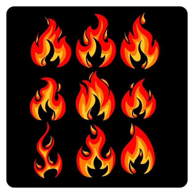 Set de llamas de fuego de dibujos animados Elementos de hoguera calientes Efectos de quema Llamas del infierno
