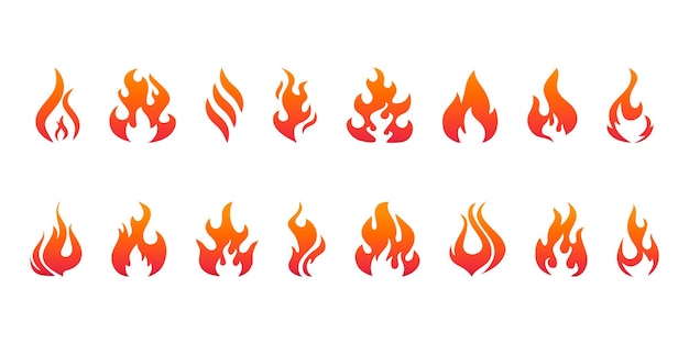 SET Llamas de fuego rojas y naranjas para diseño gráfico y web. Símbolo de moda para el botón web de diseño de sitios web o aplicaciones móviles