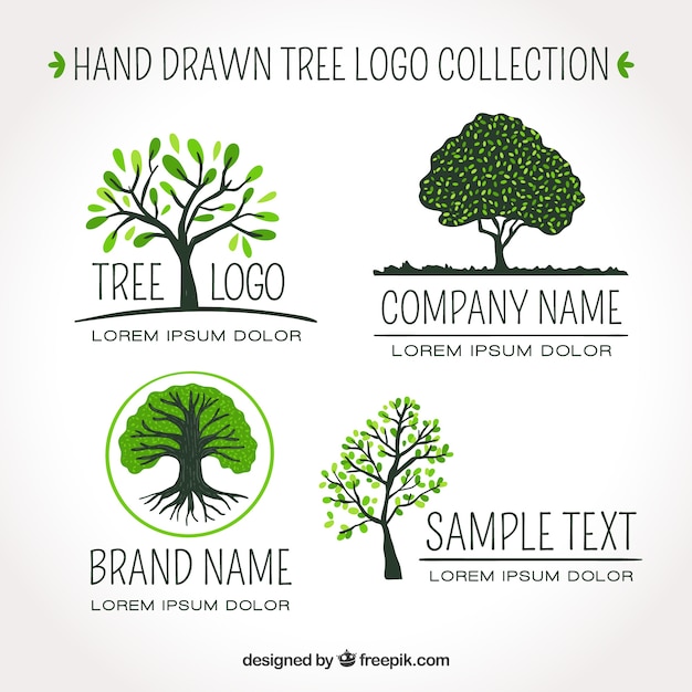 Vector set de logos de árbol en estilo hecho a mano