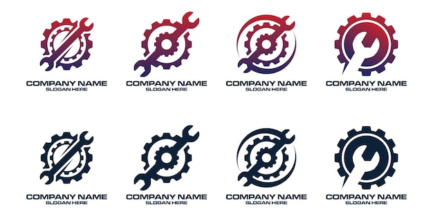 SET Logotipo de engranaje y llave inglesa plantilla vectorial de diseño mecánico creativo simple