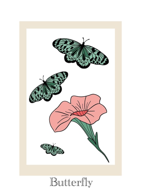 Set de mariposas séptimo con flores de petunia diseño plano