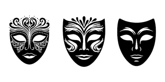 Set de máscaras de teatro Ilustración vectorial de máscara de teatro Diseño gráfico de silueta en blanco y negro