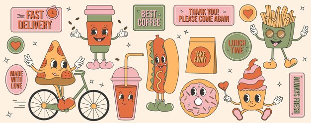 Set de mascotas de dibujos animados retro Groovy Adhesivos de comida rápida para cafetería de restauración y entrega