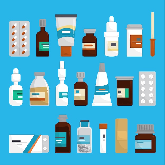 Set de medicación. Colección de drogas de farmacia en botella.