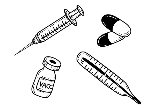 Set Medical Health herramientas termómetro píldoras inyector Vaccine Line Art ilustración
