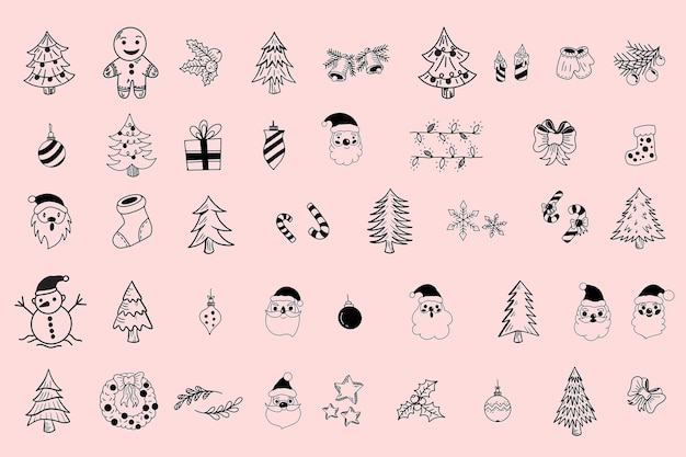 Set Mega Collection Bundle Christmas Line Art Doodle Clipart Dibujos animados Elemento diseño ilustración contorno elementos vector