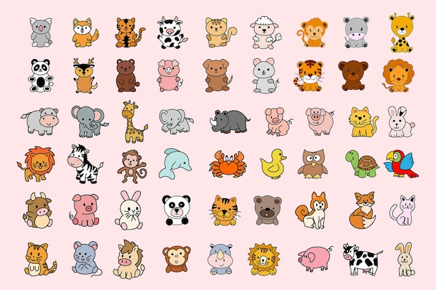 Vector set mega collection bundle cute animal doodle de dibujos animados para niños y niños divertido animal salvaje