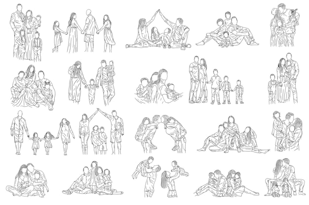 Set Mega Collection Bundle Family With Love Happy Wife and Husband With Baby and Child Line Art ilustración