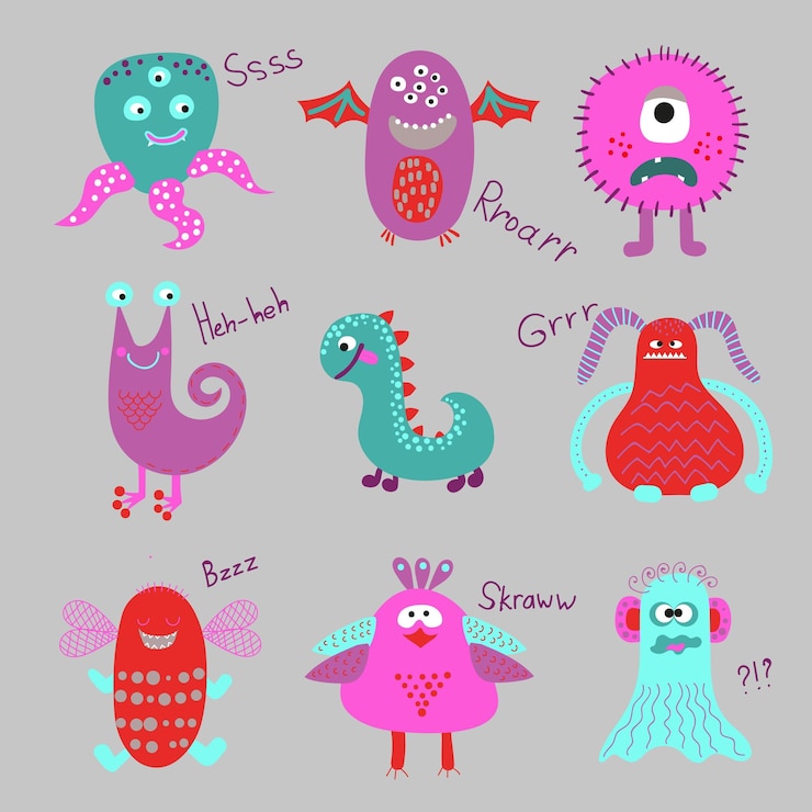Vector el set de monstruos de dibujos animados es una colección de criaturas divertidas, ilustraciones vectoriales de alienígenas.