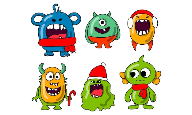Set de monstruos felices de dibujos animados Tarjeta de invitación o cartel de fiesta de Navidad Diseño de vacaciones de Año Nuevo Ilustración vectorial